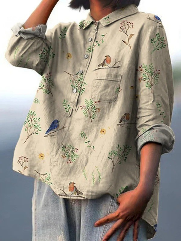 Alice | Boughs And Robin Birds Pattern Printed Women's Casual Shirt
