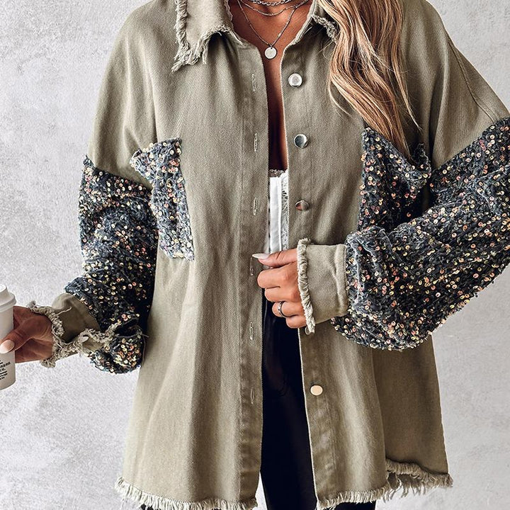 NENITA™ - Chic Oversized Sequin Hem Collared Button Down Jacket