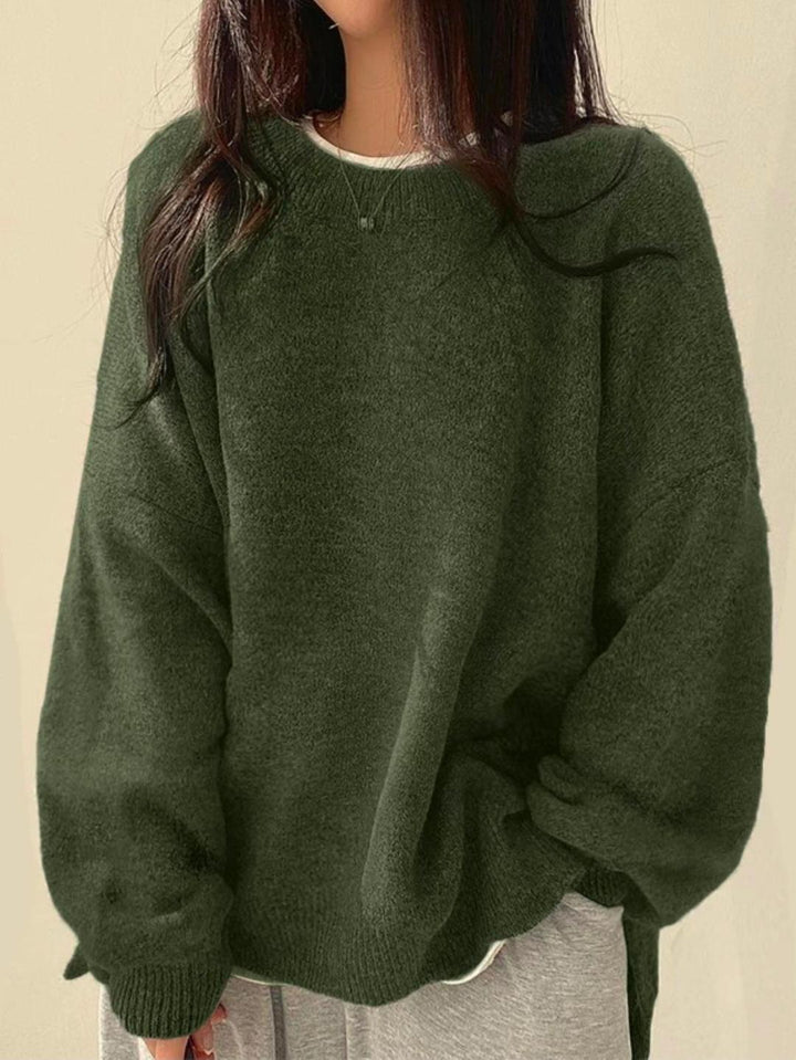 KIARA™ - Women's Drop Shoulder Split Hem Round Neck Sweater