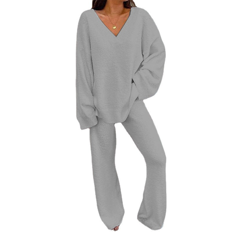 JACE™ - Women's 2-Piece Lounge Set with V-Neck Top & Wide Leg Pants