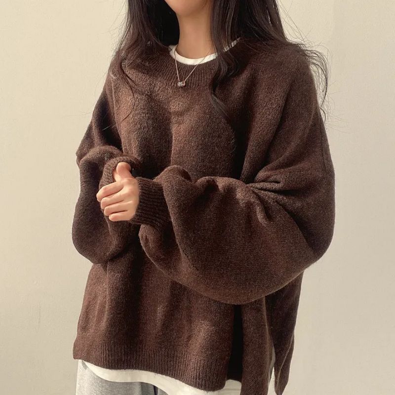KIARA™ - Women's Drop Shoulder Split Hem Round Neck Sweater