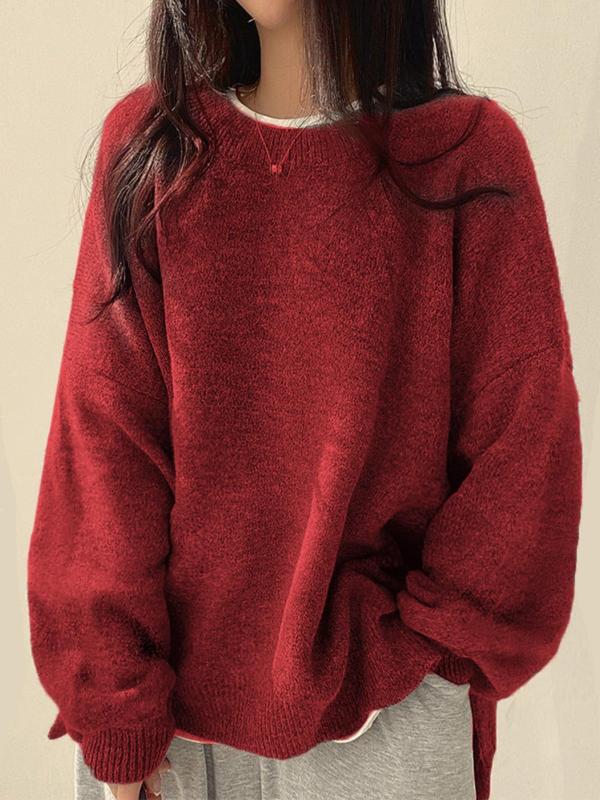 KIARA™ - Women's Drop Shoulder Split Hem Round Neck Sweater